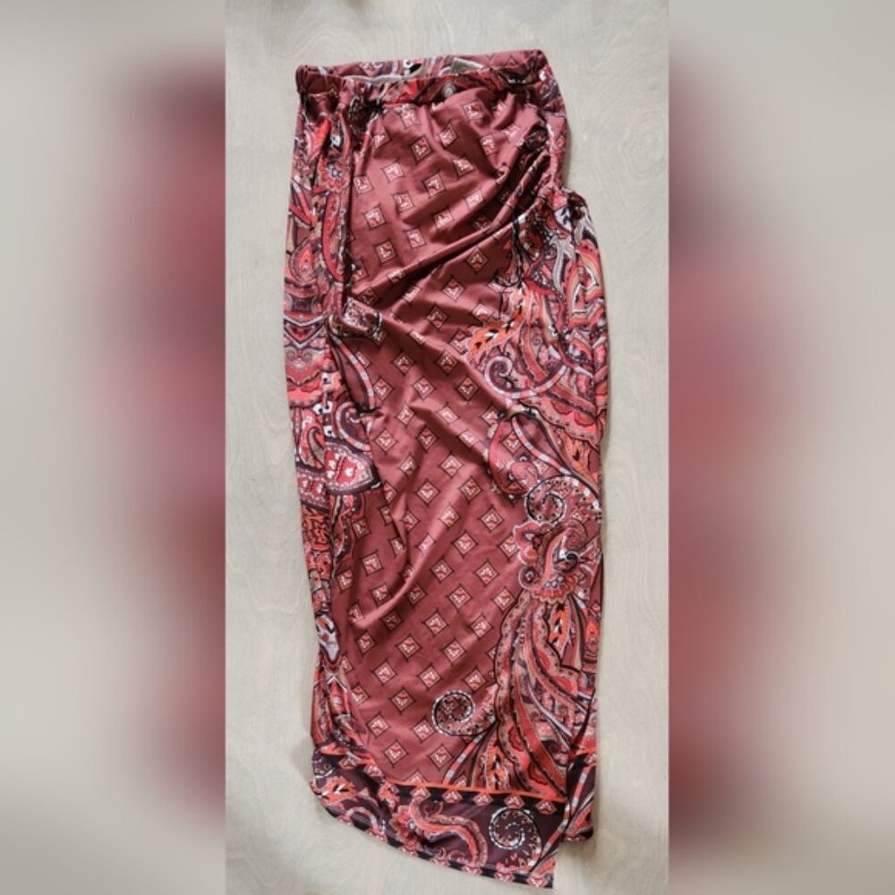 Kersh Sm Red Rust Black Paisley Pattern Wrap Style Skirt High Waisted Tummy Cont